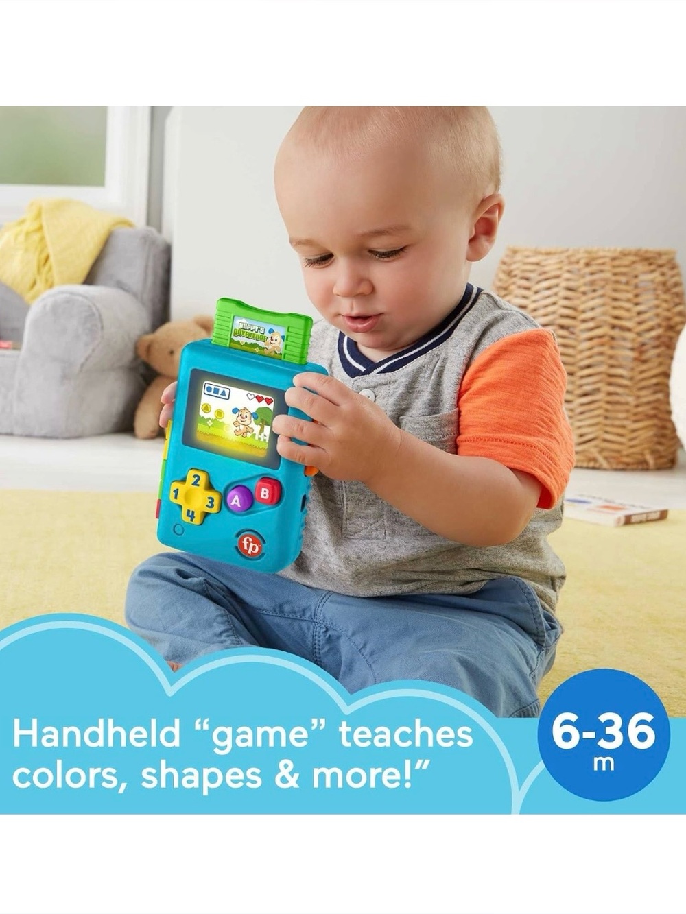 Fisher-Price Blue Handheld Learning Game with Yellow D-Pad and Red Button